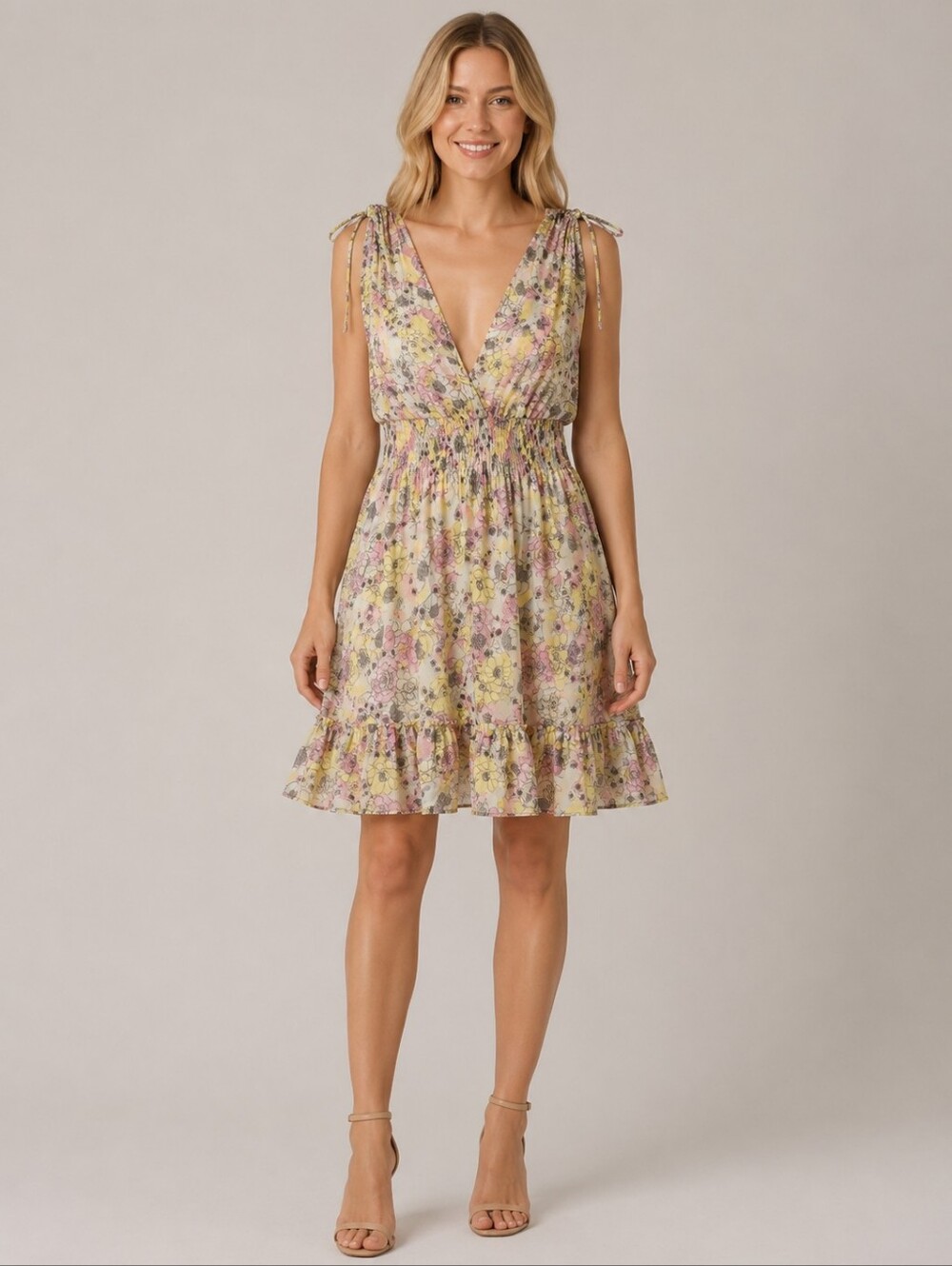 BCBGeneration Floral Chiffon Smocked Waist Mini Dress Large